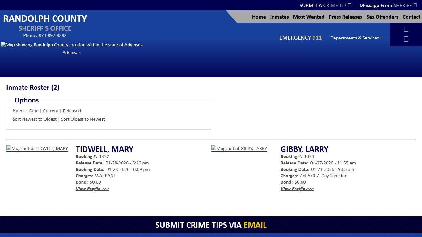 Inmate Roster - Released Inmates Booking Date Descending - Randolph County Sheriff AR